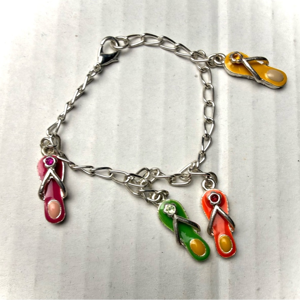 Vintage Silver Tone Enamel Flip Flop Charm Bracelet Sandals Beach Colorful Y2K